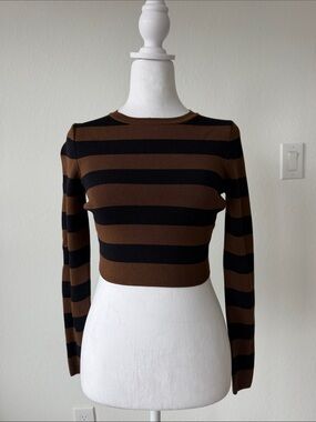 Zara Black & Brown Striped Long-Sleeve Crop Top